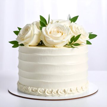 White cake adorned with white roses and greenery