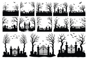 Obraz premium Halloween cemetery gate trees bats gravestones silhouette collection