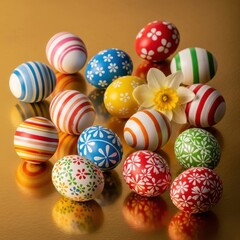 Fototapeta premium Festive assortment of brightly decorated eggs and delicate narcissus bloom