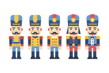 Five colorful nutcrackers standing in a row