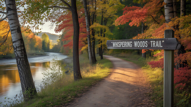 Whispering Woods Trail" sign next to a river and a path in autumn Keywords: autumn, fall, trail, path