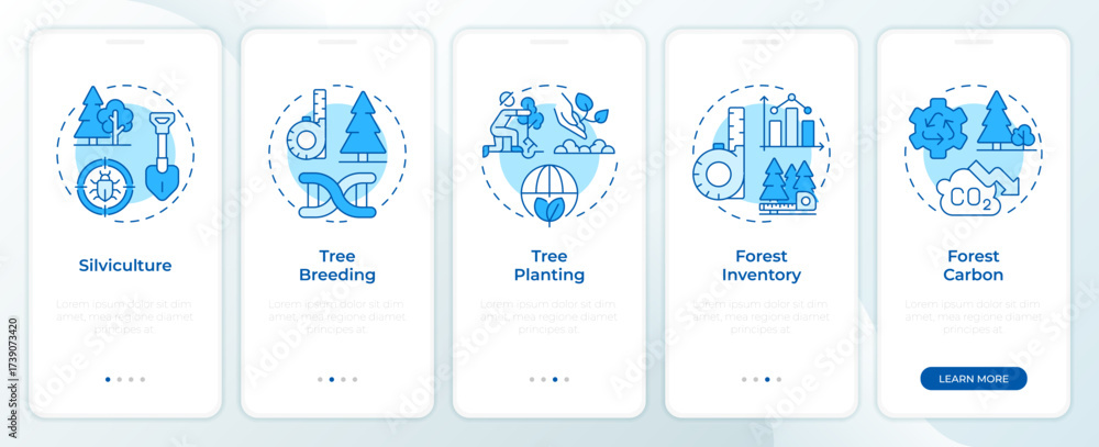 Wall mural reforestation methods blue onboarding mobile app screen. walkthrough 5 steps editable graphic instru