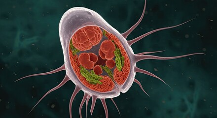 Detailed visualization of a complex microscopic parasite cell with internal structures in vibrant red and green, a stunning scientific illustration for research