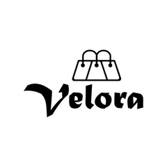 Velora logo with a shopping bag icon, black and white branding for shopping and retail