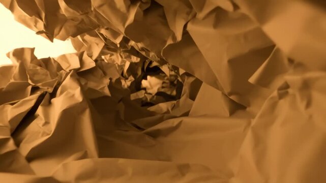 Warm Light Illuminates Wrinkled Paper Creating Abstract Depths