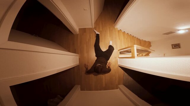 A man collapses to the floor in fear, backing away from something unseen inside the room, filmed from above.