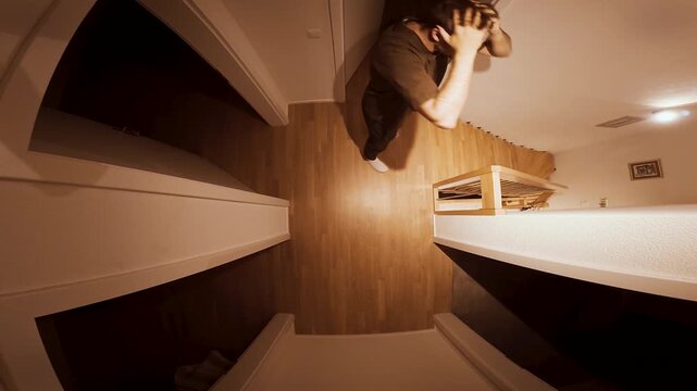 A desperate man holds his head and paces nervously in a hallway, filmed from above.
