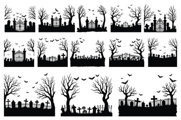 Fototapeta premium Halloween graveyard scenes with bare trees bats and gates
