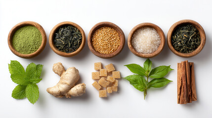 Various herbs and spices arranged in bowls, showcasing colors and textures for cooking or herbal remedies