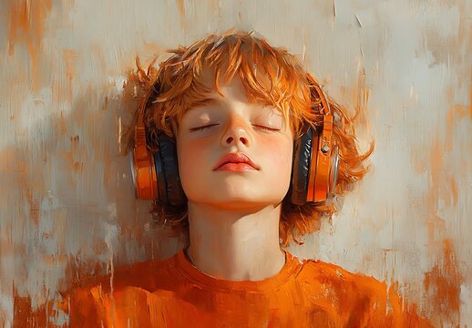Boy with headphones eyes closed in an artistic painterly style