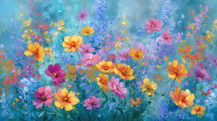 Colorful wildflowers bloom in a serene garden scene during a sunny afternoon in springtime