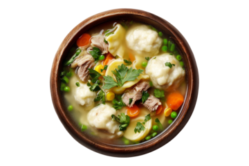 Hot meat pork soup with vegetables and doughboys dumplings in wooden bowl, isolated on white transparent background, concept of New Zealand cuisine