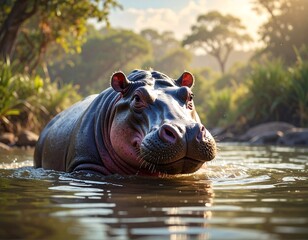Magnificent hippopotamus gracefully wading in a tranquil river environment