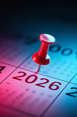 Marking 2026 on Calendar with Red Pin Future Planning and Deadlines