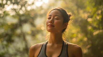 Medium view of a healthy Asian adult outdoors, standing in nature, closing eyes while taking a deep breath of fresh air, smiling with a calm and energized expression, posture open and relaxed
