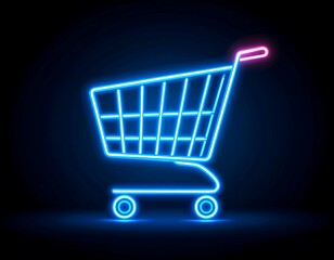 Neon Shopping Cart Icon on Black Background for Online Shopping and Commerce
