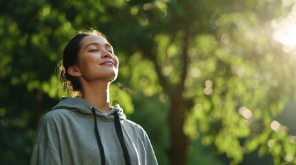 Medium view of a healthy Asian adult outdoors, standing in nature, closing eyes while taking a deep breath of fresh air, smiling with a calm and energized expression, posture open and relaxed
