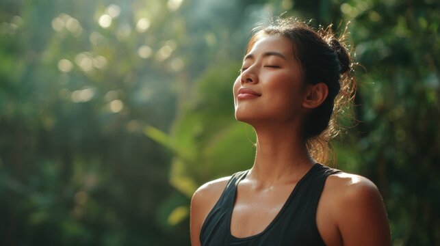 Medium view of a healthy Asian adult outdoors, standing in nature, closing eyes while taking a deep breath of fresh air, smiling with a calm and energized expression, posture open and relaxed
