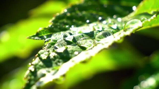 Close up of a green leaf with water droplets in bright sunlight