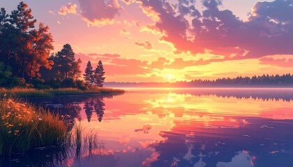 Obraz premium An ethereal landscape showcases a tranquil lake mirroring vibrant sunset hues, with silhouetted trees and fluffy clouds. A peaceful, stunning vista