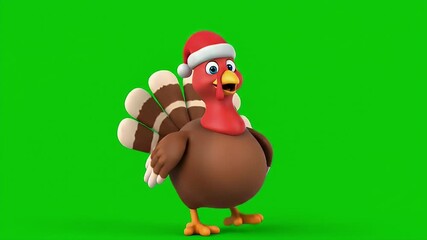 A cute animated turkey character wearing a Santa hat performs a walking dance loop on a green screen background. - Powered by Adobe