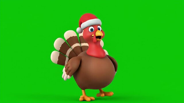 A cute animated turkey character wearing a Santa hat performs a walking dance loop on a green screen background.