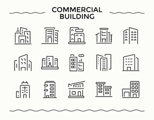 Commercial Building vector line icon set. Minimal icons set. Related to house, build, office, villa, home. Editable stroke. Pixel Perfect. Estate icon set.