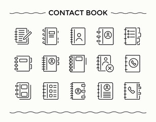 Contact Book icon set. Containing profile, book, contact, directory, binder, account, paper and more. Directory line icon set. Minimalist icons collection. Editable vector.