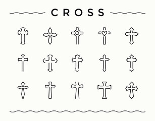 Cross simple icon set. Containing art, god, orthodox, religion, saint, christian and more. Spirituality related icon set. Modern linear icons. Editable vector stroke.