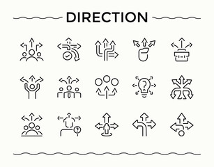 Direction simple icon set. Modern linear icons. Contains outline symbols like arrows, arrows, click, pointer, arrow. Signs for web and mobile app. Direction line icon set.