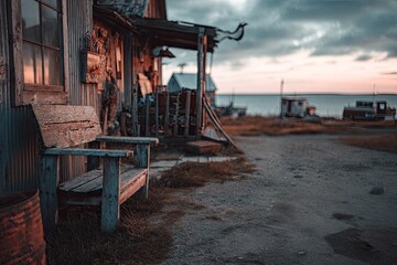 Rustic coastal shack at sunset