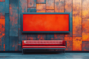 Red sofa modern wall decor background with vibrant orange panel artistic minimal style interior atmosphere creative abstract color design