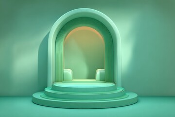 Rendered, geometric arched structure, teal-green with warm inner glow, steps, and minimalistic design