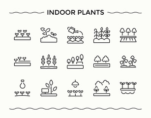 Indoor Plants modern icon set. Garden modern icon set. Minimalist icons collection. Contain linear sign land, Plant, farm, gardening and more. Editable stroke collections.