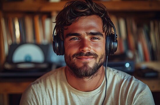 Young man with headphones listening to music enjoying vinyl records
