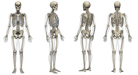 Anatomical Skeleton Views for Educational Use perfect for medical presentations and science projects detailing the human skeletal system from front, side, and back views