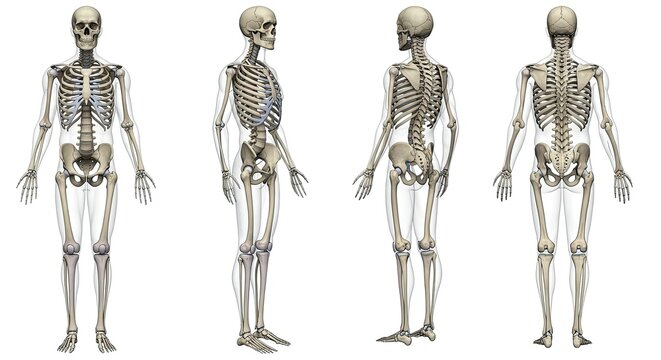Anatomical Skeleton Views for Educational Use perfect for medical presentations and science projects detailing the human skeletal system from front, side, and back views