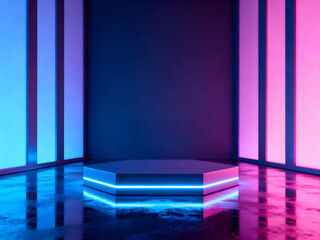 Futuristic hexagonal podium with glowing blue and pink neon lights on a reflective floor for product display.