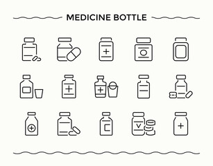 medicine bottle modern icon set. Thin web icons. Pixel perfect. Vector illustration. Plastic Bottle icon pack. Contain linear symbols plastic wine water, water eco and more.