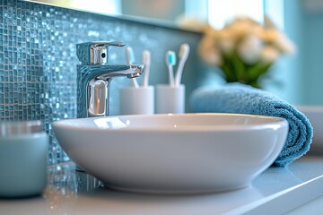 Modern bathroom sink accessories blue tiles faucet towel toothbrushes hygiene clean interior design lifestyle home decor concept fresh