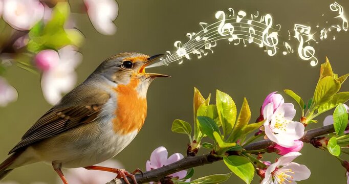 Bird singing among blooming flowers, creating a serene spring atmosphere