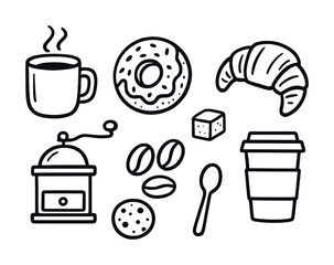 Vector Coffee and pastry icons: cup, donut, croissant, and beans illustration