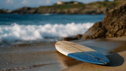 A serene beach scene featuring a surfboard resting on the sandy shore, with gentle waves lapping at it under the sun, encapsulating the beauty of leisure and relaxation by the ocean. - Powered by Adobe