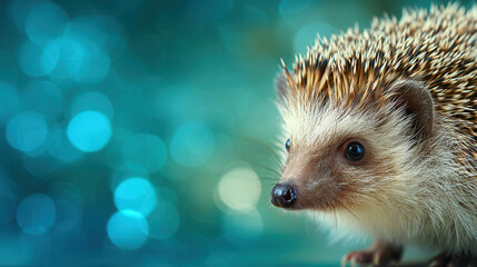 Close-up view of a hedgehog against a blurred blue background showcasing its delicate features and quills