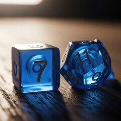 Two translucent blue dice of different shapes casting shadows on wood