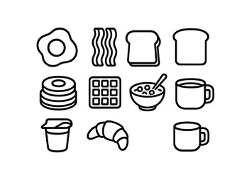 Vector Breakfast icon set: egg, bacon, toast, pancakes, waffle, cereal, coffee, yogurt, croissant