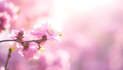Delicate pink blossoms against a blurred backdrop, illuminated by soft sunlight creating a dreamy, springtime feel