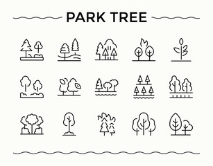 Park Tree modern icon set. Minimal linear icons. Editable vector stroke. City Park line icon set. Includes thin line symbols land, city garden, lake, Tree, cityscape, ground, landscape and more.