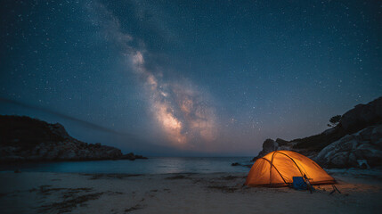 Camping under the night sky with a glowing tent and the Milky Way shining brightly above the beach