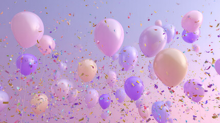 Colorful balloons float in a vibrant sky while confetti falls during a festive celebration at sunset